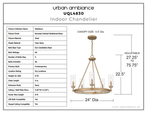 Urban Ambiance - Chandelier - UQL4830 Contemporary Indoor Chandelier, 22.50''H x 24.00''W x 24.00''D, Nouveau Painted Weathered Brass Finish, Washburn Collection - 