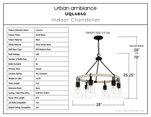 Urban Ambiance - Chandelier - UQL4840 Casual Indoor Chandelier, 25.25''H x 28.00''W x 28.00''D, Earth Black Finish, Lucerne Collection - 