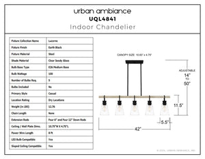 Urban Ambiance - Chandelier - UQL4841 Casual Indoor Chandelier, 11.50''H x 42.00''W x 5.50''D, Earth Black Finish, Lucerne Collection - 