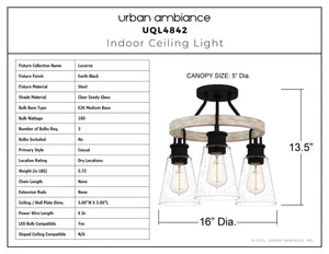 Urban Ambiance - Ceiling Light - UQL4842 Casual Indoor Ceiling Light, 13.50''H x 16.00''W x 16.00''D, Earth Black Finish, Lucerne Collection - 