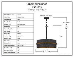 Urban Ambiance - Pendant - UQL4860 Natural Indoor Pendant, 22.00''H x 21.00''W x 21.00''D, Old Black Finish Finish, Augusta Collection - 