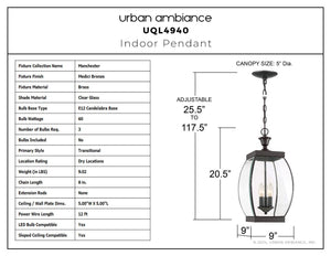Urban Ambiance - Pendant - UQL4940 Transitional Indoor Pendant, 20.50''H x 9.00''W x 9.00''D, Medici Bronze Finish, Manchester Collection - 