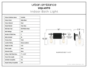 Urban Ambiance - Bath Light - UQL4970 Modern Indoor Bath Light, 10.25''H x 16.00''W x 7.50''D, Matte Black Finish, Fordville Collection - 
