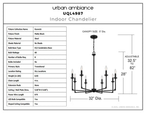 Urban Ambiance - Chandelier - UQL4987 Transitional Indoor Chandelier, 28.00''H x 32.00''W x 32.00''D, Matte Black Finish, Keswick Collection - 