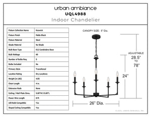 Urban Ambiance - Chandelier - UQL4988 Transitional Indoor Chandelier, 24.00''H x 26.00''W x 26.00''D, Matte Black Finish, Keswick Collection - 