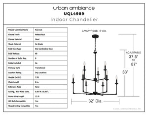 Urban Ambiance - Chandelier - UQL4989 Transitional Indoor Chandelier, 33.00''H x 32.00''W x 32.00''D, Matte Black Finish, Keswick Collection - 