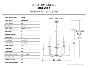 Urban Ambiance - Chandelier - UQL4992 Transitional Indoor Chandelier, 33.00''H x 32.00''W x 32.00''D, Brushed Nickel Finish, Keswick Collection - 