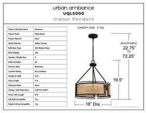 Urban Ambiance - Pendant - UQL5000 Bohemian Indoor Pendant, 19.50''H x 18.00''W x 18.00''D, Matte Black Finish, Hannover Collection - 