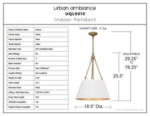 Urban Ambiance - Pendant - UQL5013 New Traditional Indoor Pendant, 25.50''H x 18.50''W x 18.50''D, White Finish, Zennor Collection - 