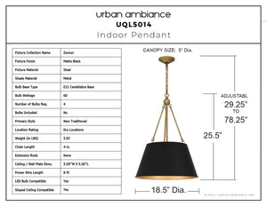 Urban Ambiance - Pendant - UQL5014 New Traditional Indoor Pendant, 25.50''H x 18.50''W x 18.50''D, Matte Black Finish, Zennor Collection - 