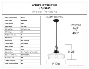 Urban Ambiance - Pendant - UQL5015 New Traditional Indoor Pendant, 11.25''H x 14.00''W x 14.00''D, Matte Black Finish, Zennor Collection - 