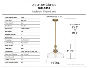 Urban Ambiance - Pendant - UQL5016 New Traditional Indoor Pendant, 11.25''H x 14.00''W x 14.00''D, Aged Brass Finish, Zennor Collection - 