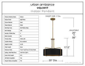 Urban Ambiance - Pendant - UQL5017 Urban Loft Indoor Pendant, 17.25''H x 20.00''W x 20.00''D, Aged Brass Finish, Zennor Collection - 