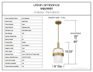 Urban Ambiance - Pendant - UQL5021 Modern Indoor Pendant, 15.25''H x 8.00''W x 8.00''D, Aged Brass Finish, San Sebastian Collection - 