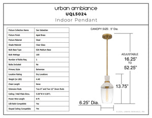 Urban Ambiance - Pendant - UQL5024 Bohemian Indoor Pendant, 13.75''H x 6.25''W x 6.25''D, Aged Brass Finish, San Sebastian Collection - 