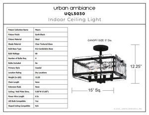 Urban Ambiance - Ceiling Light - UQL5030 Coastal Indoor Ceiling Light, 12.25''H x 15.00''W x 15.00''D, Earth Black Finish, Moers Collection - 