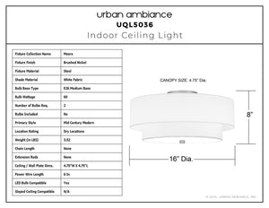Urban Ambiance - Ceiling Light - UQL5036 Mid - Century Modern Indoor Ceiling Light, 8.00''H x 16.00''W x 16.00''D, Brushed Nickel Finish, Moers Collection - 