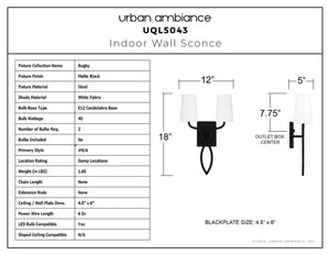 Urban Ambiance - Wall Sconce - UQL5043 Mediterranean Indoor Wall Sconce, 18.00''H x 12.00''W x 5.00''D, Matte Black Finish, Rugby Collection - 