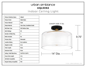 Urban Ambiance - Ceiling Light - UQL5062 Minimalist Indoor Ceiling Light, 9.75''H x 14.00''W x 14.00''D, Matte Black Finish, Velbert Collection - 