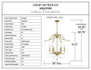 Urban Ambiance - Chandelier - UQL5120 English Country Indoor Chandelier, 31.50''H x 28.00''W x 28.00''D, Aged Brass Finish, Brampton Collection - 