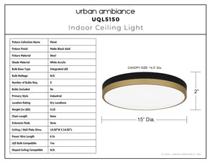 Urban Ambiance - Ceiling Light - UQL5150 Industrial Indoor Ceiling Light, 2.00''H x 15.00''W x 15.00''D, Matte Black Gold Finish, Minot Collection - 