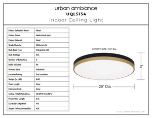 Urban Ambiance - Ceiling Light - UQL5154 Industrial Indoor Ceiling Light, 2.00''H x 20.00''W x 20.00''D, Matte Black Gold Finish, Minot Collection - 
