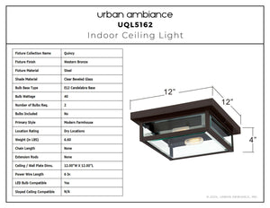Urban Ambiance - Ceiling Light - UQL5162 Modern Farmhouse Indoor Ceiling Light, 4.00''H x 12.00''W x 12.00''D, Western Bronze Finish, Quincy Collection - 