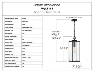 Urban Ambiance - Pendant - UQL5165 Modern Farmhouse Indoor Pendant, 20.75''H x 7.00''W x 7.00''D, Earth Black Finish, Quincy Collection - 