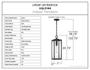 Urban Ambiance - Pendant - UQL5166 Modern Farmhouse Indoor Pendant, 20.75''H x 7.00''W x 7.00''D, Western Bronze Finish, Quincy Collection - 