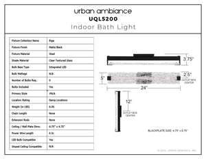 Urban Ambiance - Bath Light - UQL5200 Contemporary Indoor Bath Light, 5.00''H x 24.00''W x 3.75''D, Matte Black Finish, Riga Collection - 