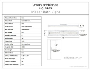 Urban Ambiance - Bath Light - UQL5203 Contemporary Indoor Bath Light, 5.00''H x 32.00''W x 3.75''D, Polished Chrome Finish, Riga Collection - 