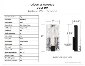 Urban Ambiance - Wall Sconce - UQL5204 Contemporary Indoor Wall Sconce, 12.00''H x 6.00''W x 3.75''D, Matte Black Finish, Riga Collection - 