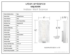 Urban Ambiance - Wall Sconce - UQL5205 Contemporary Indoor Wall Sconce, 12.00''H x 6.00''W x 3.75''D, Polished Chrome Finish, Riga Collection - 