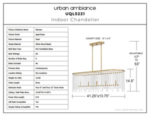 Urban Ambiance - Chandelier - UQL5221 Contemporary Indoor Chandelier, 14.5''H x 41.25''W x 13.75''D, Aged Brass Finish, Warsaw Collection - 