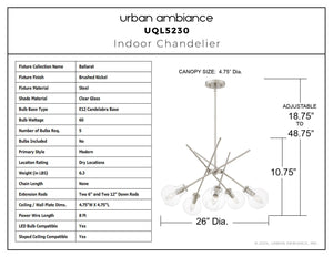 Urban Ambiance - Chandelier - UQL5230 Modern Indoor Chandelier, 10.75''H x 26''W x 26''D, Brushed Nickel Finish, Ballarat Collection - 