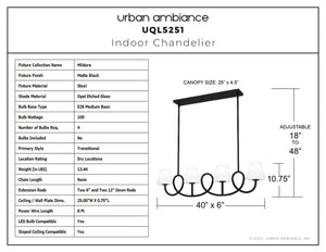 Urban Ambiance - Chandelier - UQL5251 Transitional Indoor Chandelier, 10.75''H x 40''W x 6''D, Matte Black Finish, Mildura Collection - 