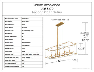 Urban Ambiance - Chandelier - UQL5270 English Country Indoor Chandelier, 12.25''H x 42''W x 12''D, Matte White Finish, Amsterdam Collection - 