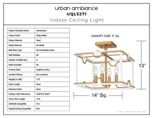 Urban Ambiance - Ceiling Light - UQL5271 English Country Indoor Ceiling Light, 13''H x 14''W x 14''D, Matte White Finish, Amsterdam Collection - 