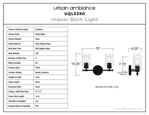 Urban Ambiance - Bath Light - UQL5290 Modern Indoor Bath Light, 10.25''H x 15''W x 6.25''D, Matte Black Finish, Canberra Collection - 