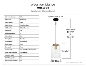 Urban Ambiance - Pendant - UQL5300 Industrial Indoor Pendant, 13.25''H x 8''W x 8''D, Matte Black Finish, Milnor Collection - 