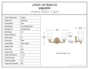 Urban Ambiance - Bath Light - UQL5310 Classic Indoor Bath Light, 8.5''H x 16''W x 6.5''D, Bronze Gold Finish, Maddock Collection - 