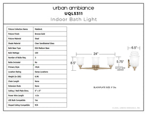 Urban Ambiance - Bath Light - UQL5311 Classic Indoor Bath Light, 8.5''H x 24''W x 6.5''D, Bronze Gold Finish, Maddock Collection - 
