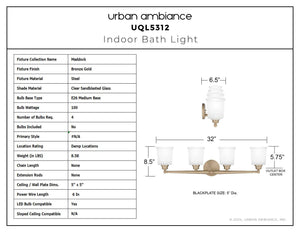 Urban Ambiance - Bath Light - UQL5312 Classic Indoor Bath Light, 8.5''H x 32''W x 6.5''D, Bronze Gold Finish, Maddock Collection - 