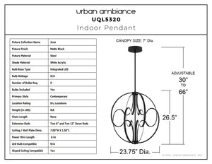 Urban Ambiance - Pendant - UQL5320 Contemporary Indoor Pendant, 26.5''H x 23.75''W x 23.75''D, Matte Black Finish, Jena Collection - 
