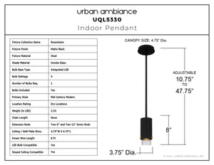 Urban Ambiance - Pendant - UQL5330 Mid - Century Modern Indoor Pendant, 8''H x 3.75''W x 3.75''D, Matte Black Finish, Rosenheim Collection - 