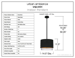 Urban Ambiance - Pendant - UQL5331 Mid - Century Modern Indoor Pendant, 11.5''H x 14.5''W x 14.5''D, Matte Black Finish, Rosenheim Collection - 
