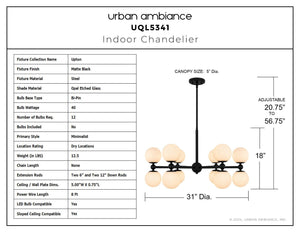 Urban Ambiance - Chandelier - UQL5341 Minimalist Indoor Chandelier, 18''H x 31''W x 31''D, Matte Black Finish, Upton Collection - 