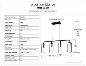 Urban Ambiance - Chandelier - UQL5350 Mid - Century Modern Indoor Chandelier, 15''H x 37.25''W x 5.25''D, Matte Black Finish, Kempten Collection - 