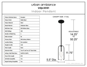 Urban Ambiance - Pendant - UQL5351 Mid - Century Modern Indoor Pendant, 11.75''H x 5.25''W x 5.25''D, Matte Black Finish, Kempten Collection - 