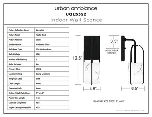Urban Ambiance - Wall Sconce - UQL5352 Transitional Indoor Wall Sconce, 13.5''H x 4.5''W x 6.5''D, Matte Black Finish, Kempten Collection - 